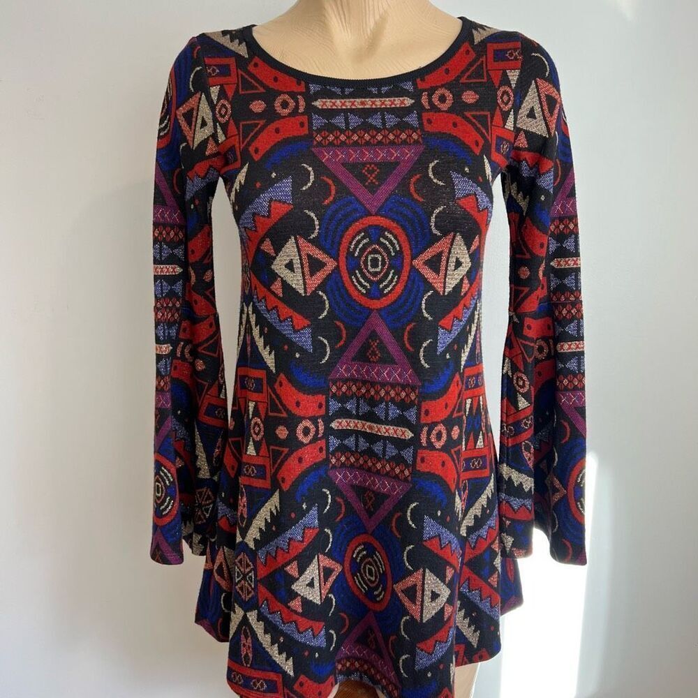 Nadya Toto Women’s Small Viscose Geometric Tunic Top Long Bell Sleeve Shirt Gogo